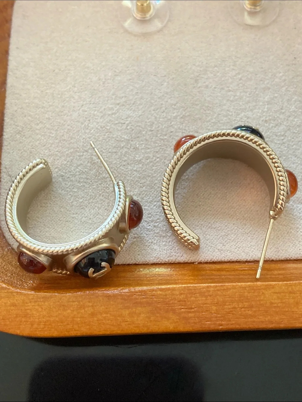 CHANEL Gold-Tone Oval Drop Earrings with Orange Cabochons